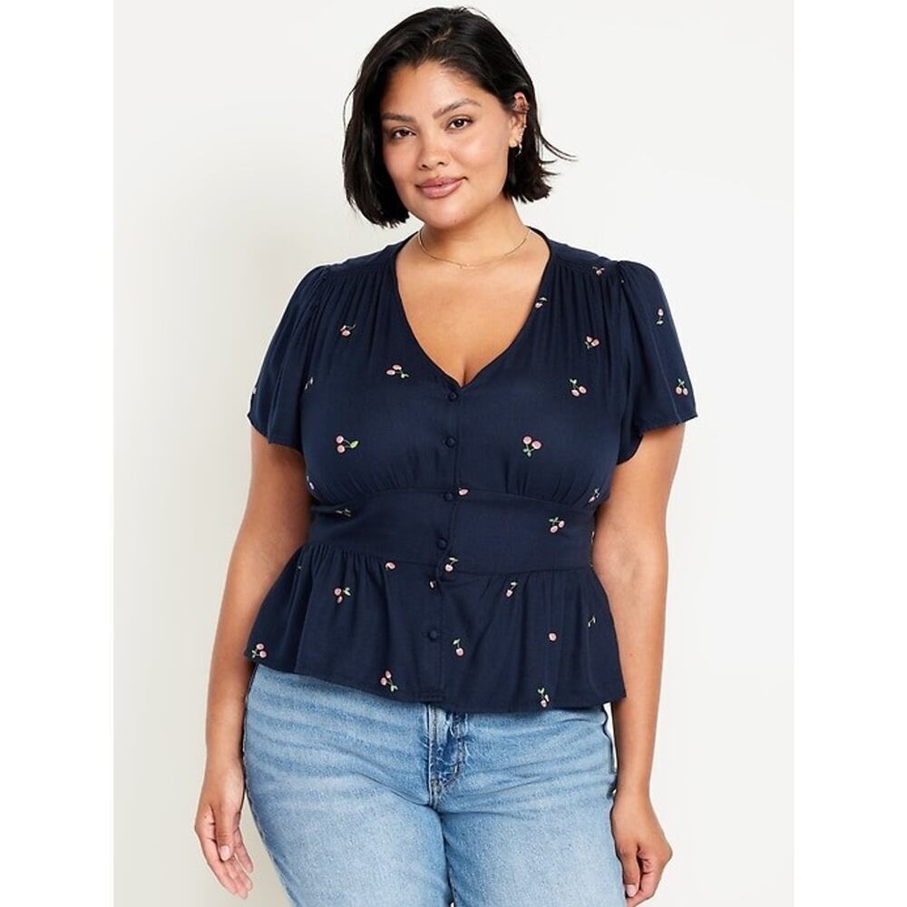 Old Navy Top Women's 4X Navy Blue Cherries V-Neck Button Down Crepe